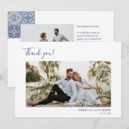 Cartão De Agradecimento Azulejos azuis elegante Casamento Obrigado foto
