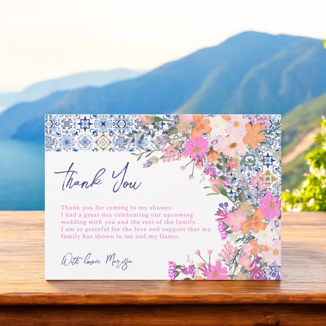 Cartão De Agradecimento Azulejos azuis italianos chá de panela aquoso (Italian blue tiles watercolor floral bridal shower thank you card)