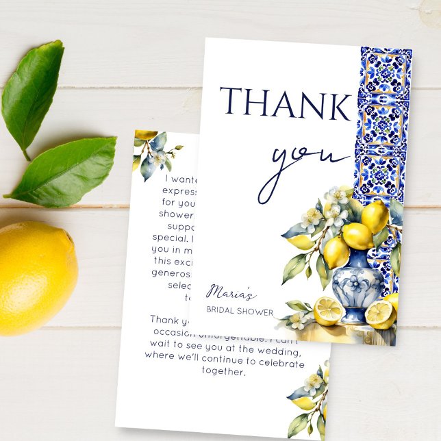 Cartão De Agradecimento Azulejos azuis italianos de Amalfi limões chá de p (Amalfi Italian Vietri blue tiles lemons bridal shower Thank You Card Mediterranean ceramic vase)