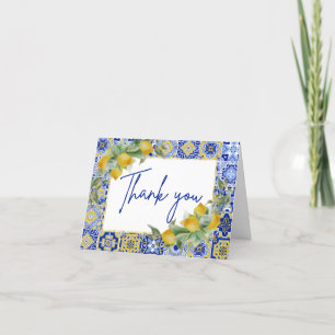 Cartão De Agradecimento Azulejos Azuis Italianos Elegantes com Rótulo de L