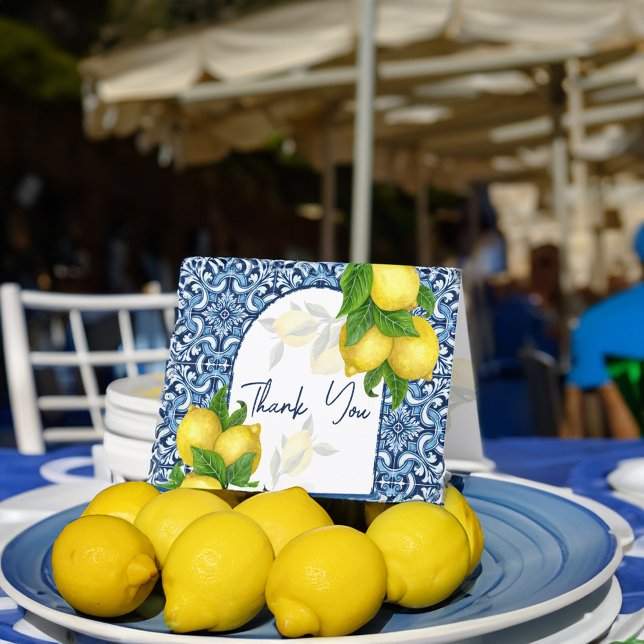 Cartão De Agradecimento Azulejos azuis limão Amalfi Positano Italiano  (Blue tiles lemon Amalfi Positano Italian Thank You Card Mediterranean themed wedding bridal shower)