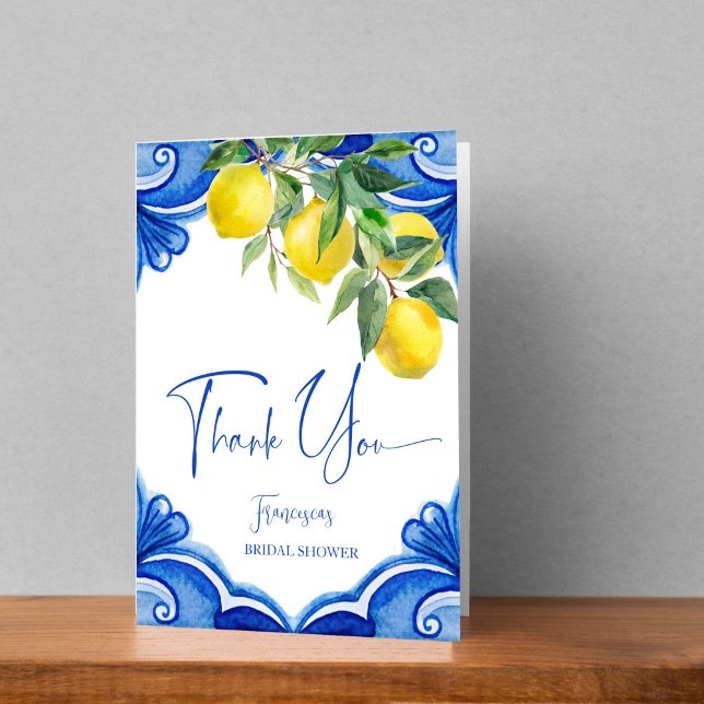 Cartão De Agradecimento Azulejos azuis vintage limões banho de noiva itali (Vintage Italian Blue maiolica tiles lemons Mediterranean bridal shower Thank You Card)