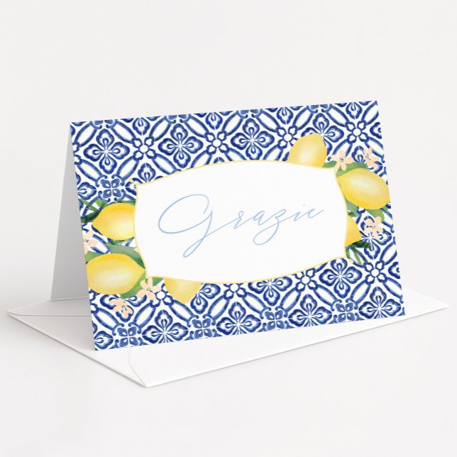 Cartão De Agradecimento Azulejos Italianos Azuis de Limões de Aquarela Gra (Grazie watercolor lemons blue tiles Italian theme bridal shower thank you card)