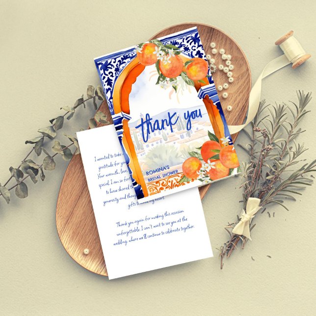 Cartão De Agradecimento Azulejos laranja azul talavera no chá de noiva (Orange blue azulejo talavera Spanish tiles summer citrus bridal shower thank you card)