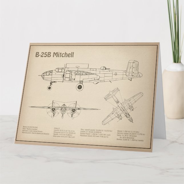 Cartão De Agradecimento B-25B Mitchell Doolittle - Avião Blueprint SD (Frente)