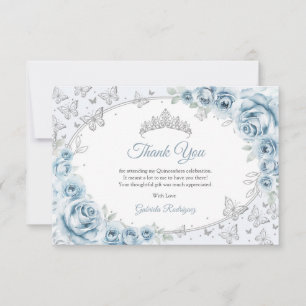 Cartão De Agradecimento Baby Azul Floral de Prata Quinceanera