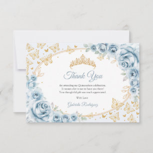 Cartão De Agradecimento Baby Blue Dourado Floral Quinceanera