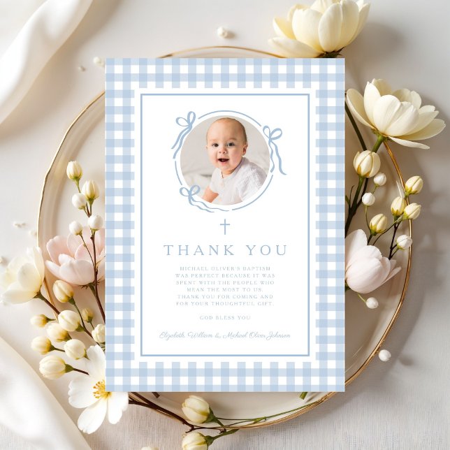 Cartão De Agradecimento Baby Blue Gingham Photo Boy Baptism (Baby Blue Gingham Photo Boy Baptism Thank You Card)