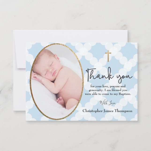 Cartão De Agradecimento Baby Boy Baptism Christening Blue White obrigado Y (Frente)