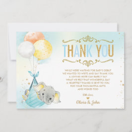 Cartão De Agradecimento Baby Boy Elephant Balloons Chá de fraldas