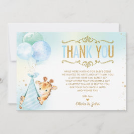 Cartão De Agradecimento Baby Boy Giraffe Balões Chá de fraldas Sprinkle