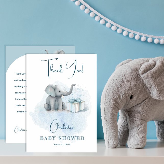 Cartão De Agradecimento Baby Elephant Hello Baby Boy Blue Chá de fraldas (Criador carregado)