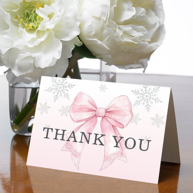 Cartão De Agradecimento Baby Está Frio Lá Fora Laço Rosa (Baby It’s Cold Outside Pink Bow Thank You Card)