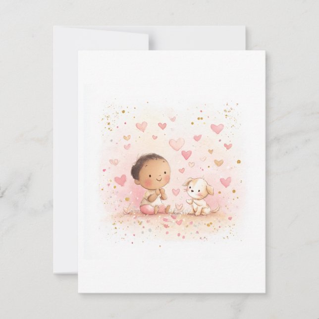 Cartão De Agradecimento Baby & Puppy Valentine’s Postcard | Watercolor (Frente)