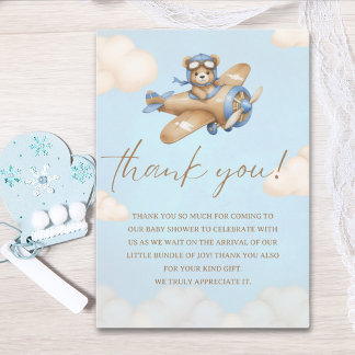 Cartão De Agradecimento Baby Shower Boy with Adorable Pilot Teddy Bear