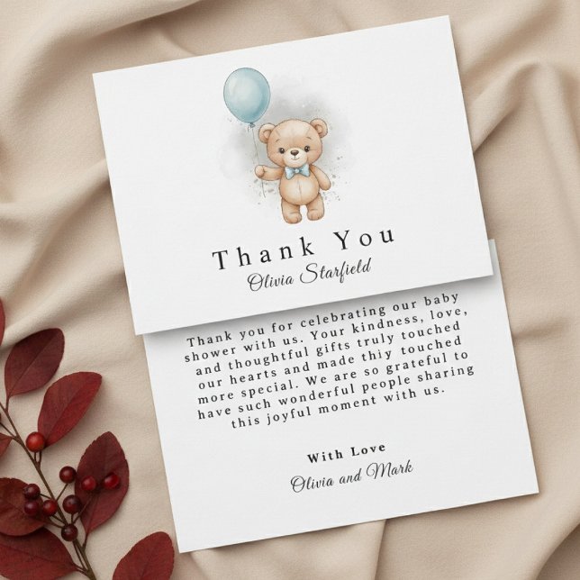 Cartão De Agradecimento Baby Shower for Boy Blue Balloon Teddy Bear (Criador carregado)