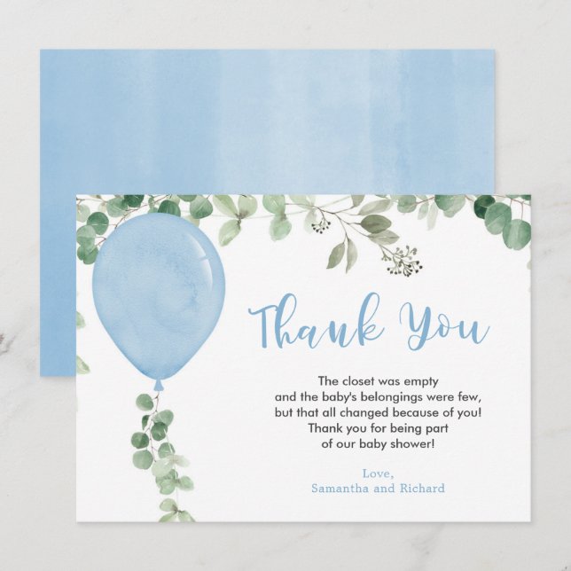 Cartão De Agradecimento Balão azul eucalipto verde (Frente/Verso)