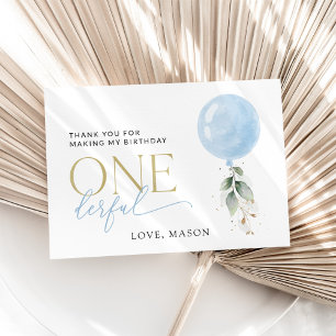 Cartão De Agradecimento Balão Azul, Eucalyptus, Verde, Primeiro Aniversári