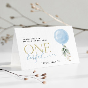 Cartão De Agradecimento Balão Azul, Eucalyptus, Verde, Primeiro Aniversári