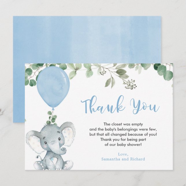 Cartão De Agradecimento Balão de elefante azul eucalipto verde (Frente/Verso)