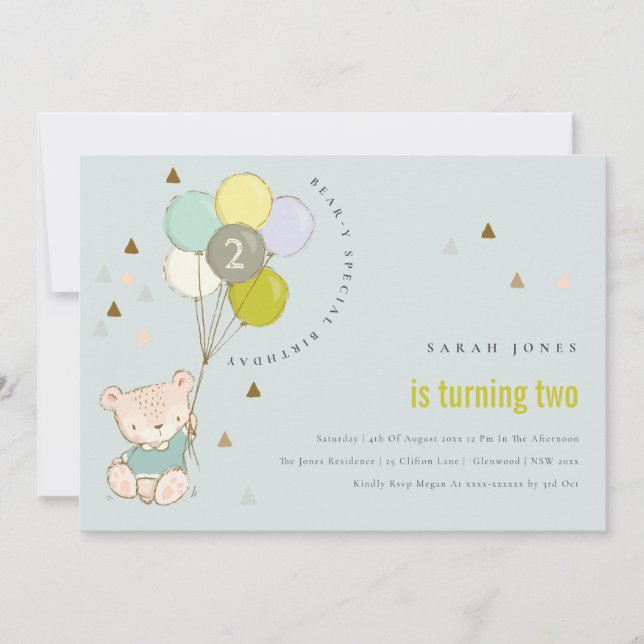 Cartão De Agradecimento Balão de Urso de Aqua Bonito Qualquer Idade Convid (Frente)