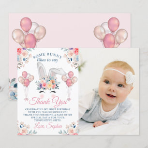 Cartão De Agradecimento Balão Floral Coelhinho Rosa para Foto de 1º Aniver