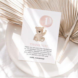 Cartão De Agradecimento Balão Rosa do Urso do primeiro aniversario