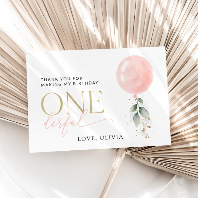 Cartão De Agradecimento Balão Rosa, Eucalyptus, Greenery, Primeiro Anivers (Criador carregado)