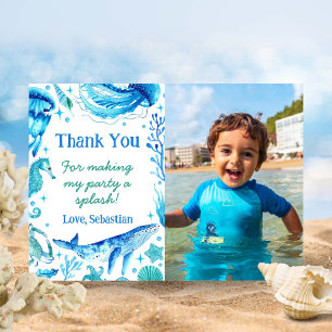 Cartão De Agradecimento Baleia Oceânica de Aquarela Sob Foto Marinha