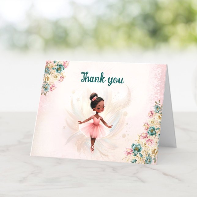 Cartão De Agradecimento Ballerina Dark Skin Pink Teal Floral Aniversário (Ballerina Dark Skin Pink Teal Floral Birthday Thank You Card)