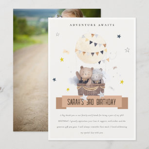 Cartão De Agradecimento Baloão de Ar Quente do Ursinho Fofo Foto do Aniver