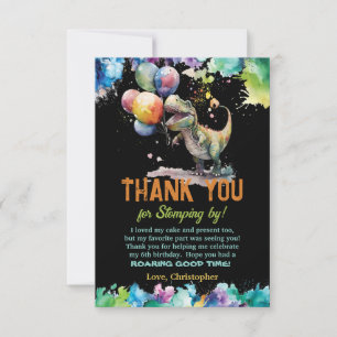 Cartão De Agradecimento Balões de Dinossauro T-Rex Pintam Splash Aniversár