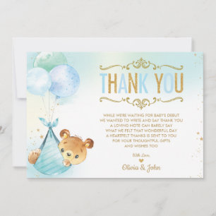 Cartão De Agradecimento Balões de Urso de Pelúcia Menino Bebê Aniversário 