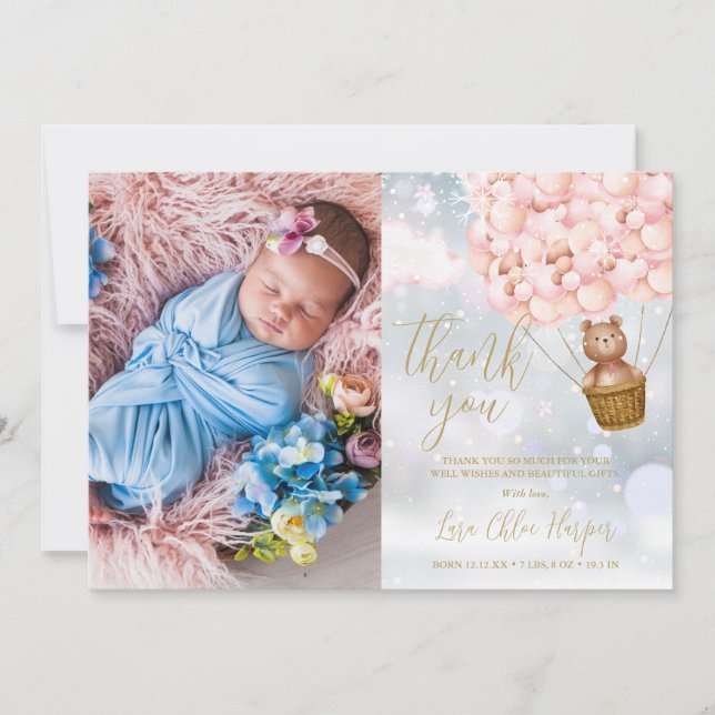 Cartão De Agradecimento Balões rosa-claros Bear Foto do bebê de inverno (Frente)