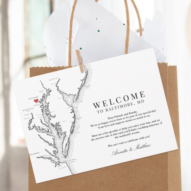 Cartão De Agradecimento Baltimore Maryland Wedding Welcome Itinerary (Baltimore Maryland Map wedding welcome letter and itinerary schedule of events in black and white)