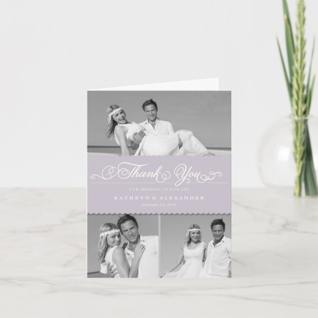 Cartão De Agradecimento Banda Lilac Scallop Roteiro 3 Foto Casamento (Frente)