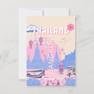 Cartão De Agradecimento Banguecoque Tailândia Pastel Viagem Azul Rosa Arte