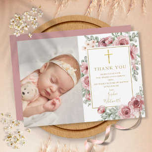 Cartão De Agradecimento Baptism Christening Dusty Rosa Foto Floral