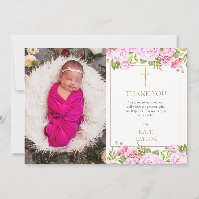 Cartão De Agradecimento  Baptism Christening Photo Pink Rose Floral (Frente)