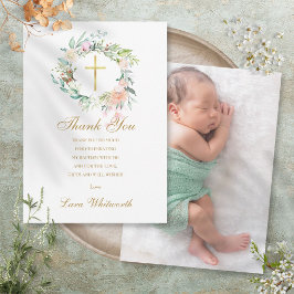Cartão De Agradecimento Baptism Christening Photo Rosas Floral Dourada