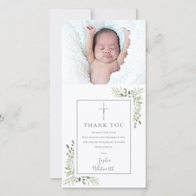 Cartão De Agradecimento Baptism Christening Silver Greenery Foto (Frente)