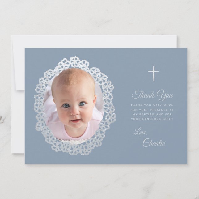 Cartão De Agradecimento Baptism Dusty Blue Foto Floral Wreath Faux Silver (Frente)