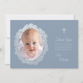 Cartão De Agradecimento Baptism Dusty Blue Foto Floral Wreath Faux Silver