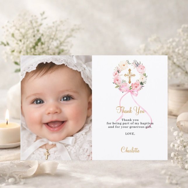 Cartão De Agradecimento Baptism pink florals wreath bow photo girl (Criador carregado)