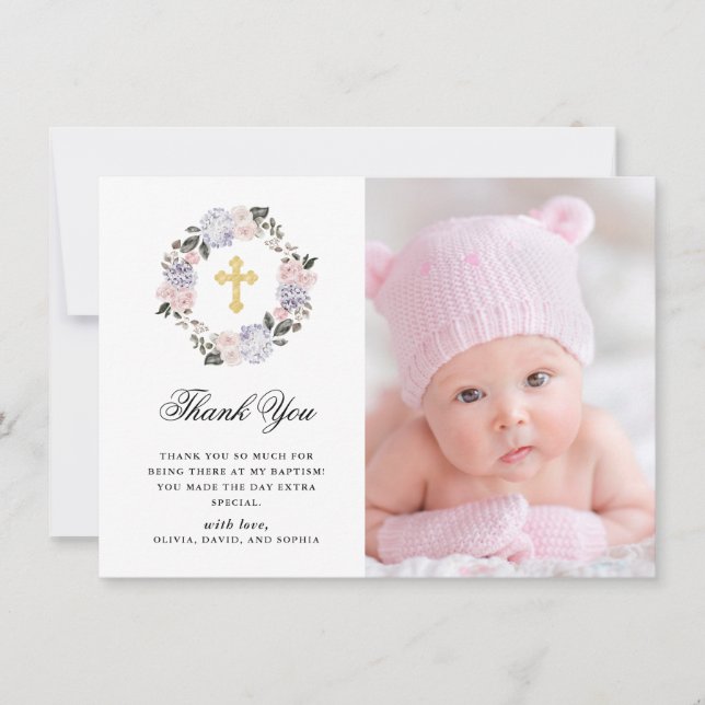 Cartão De Agradecimento Baptismo transversal Dourado floral da foto da (Frente)
