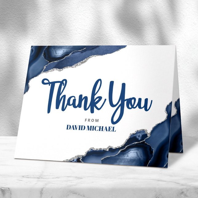 Cartão De Agradecimento Bar Mitzvah Azul Marinho Ágata Script Simples Mini (Criador carregado)