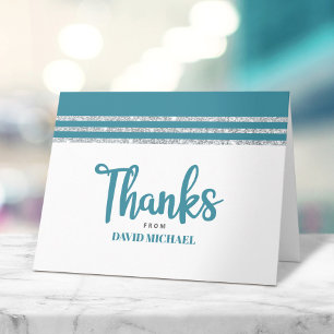 Cartão De Agradecimento Bar Mitzvah Azul Teal Prata Tallit Rascunho Modern