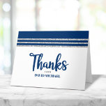 Cartão De Agradecimento Bar Mitzvah Modern Marinho Blue Silver Tallit Scri<br><div class="desc">Certifique-se de que seu Bar favorito Mitzvah mostre seu apreço a todos que apoiaram seu evento de marco! Envie este cartões de agradecimentos legal, único, moderno e personalizado. A tipografia de escrita azul-marinho, estrela de David e um talento gráfico listrado azul-marinho e prateado inspiraram uma camada gráfica simples e branca....</div>