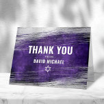 Cartão De Agradecimento Bar Mitzvah Moderna Cor de Água Púrpura Púrpura Pú<br><div class="desc">Certifique-se de que seu Bar favorito Mitzvah mostre seu apreço a todos que apoiaram seu evento de marco! Envie este cartões de agradecimentos legal, único, moderno e personalizado. Traços de pincel de folha prateada metálicos e Estrela de David, juntamente com tipografia branca e ousada, sobrepõem um fundo de cor de...</div>