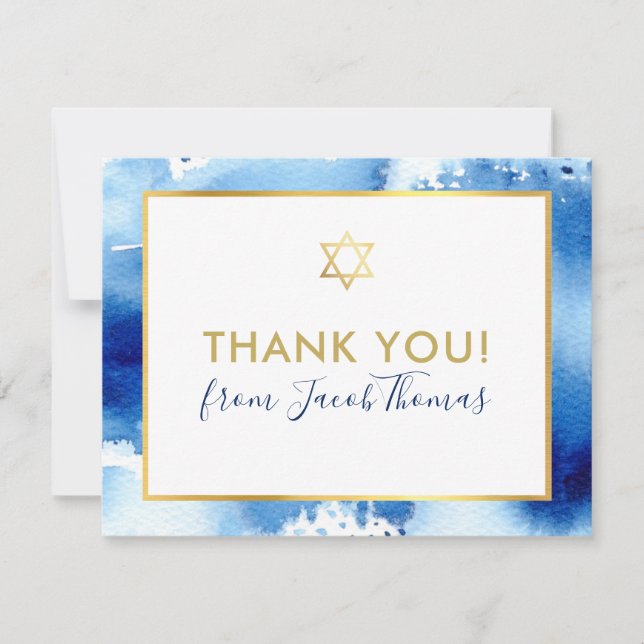 Cartão De Agradecimento BAR MITZVAH obrigado sua estrela dourada, cor azul (Frente)